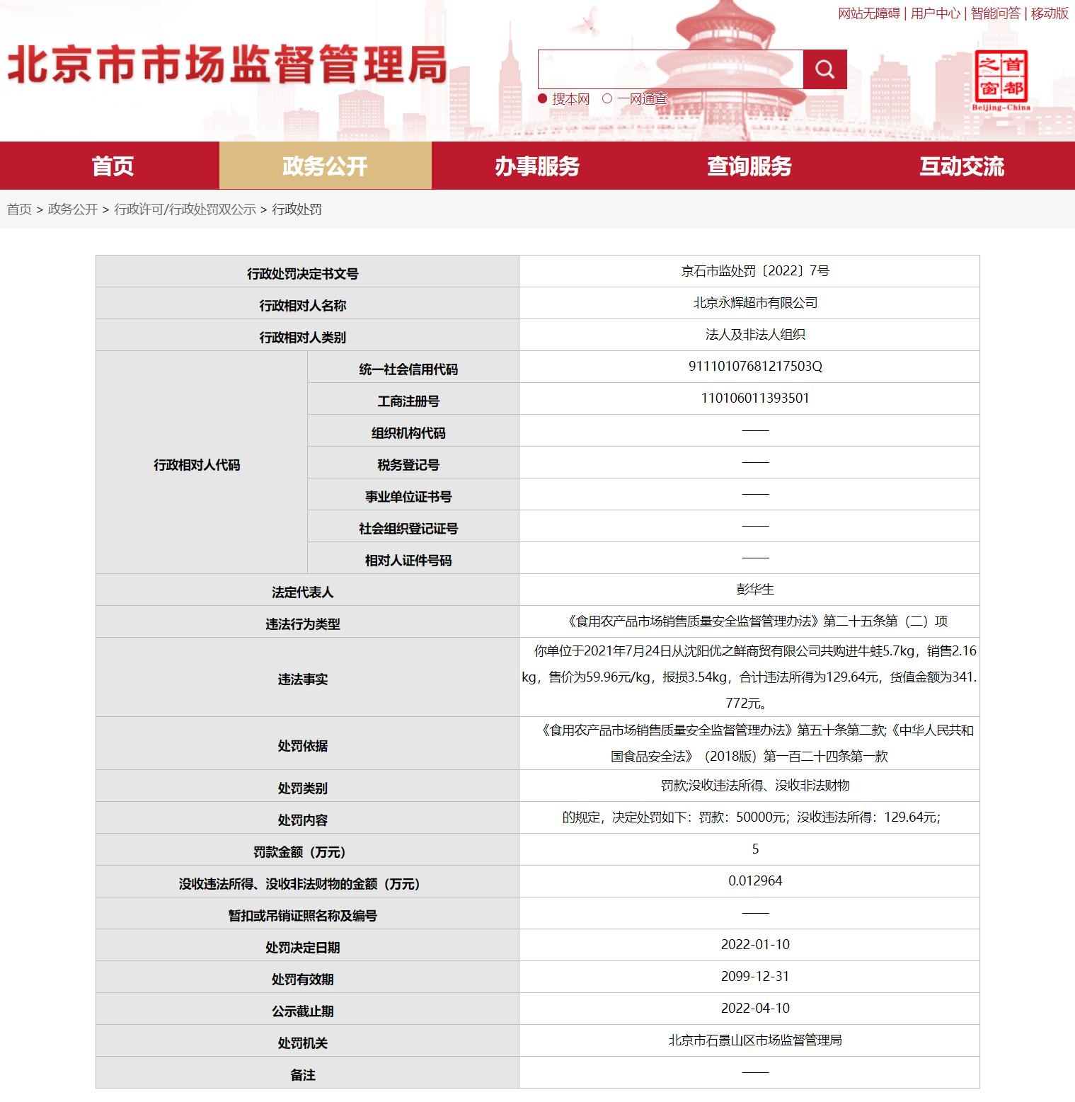 北京永辉超市因牛蛙兽药残留超标被罚5万元