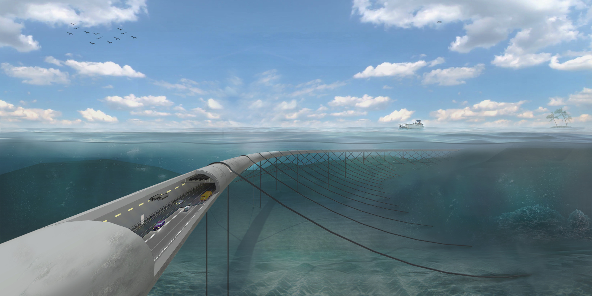 中交集团研发的水下悬浮隧道技术的效果图交融天下,建者无疆.