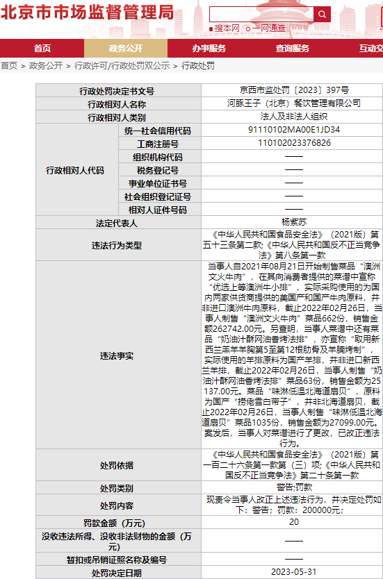 宣称“新西兰羔羊肉、北海道扇贝”实为国产  河豚王子涉不正当竞争被罚20万元