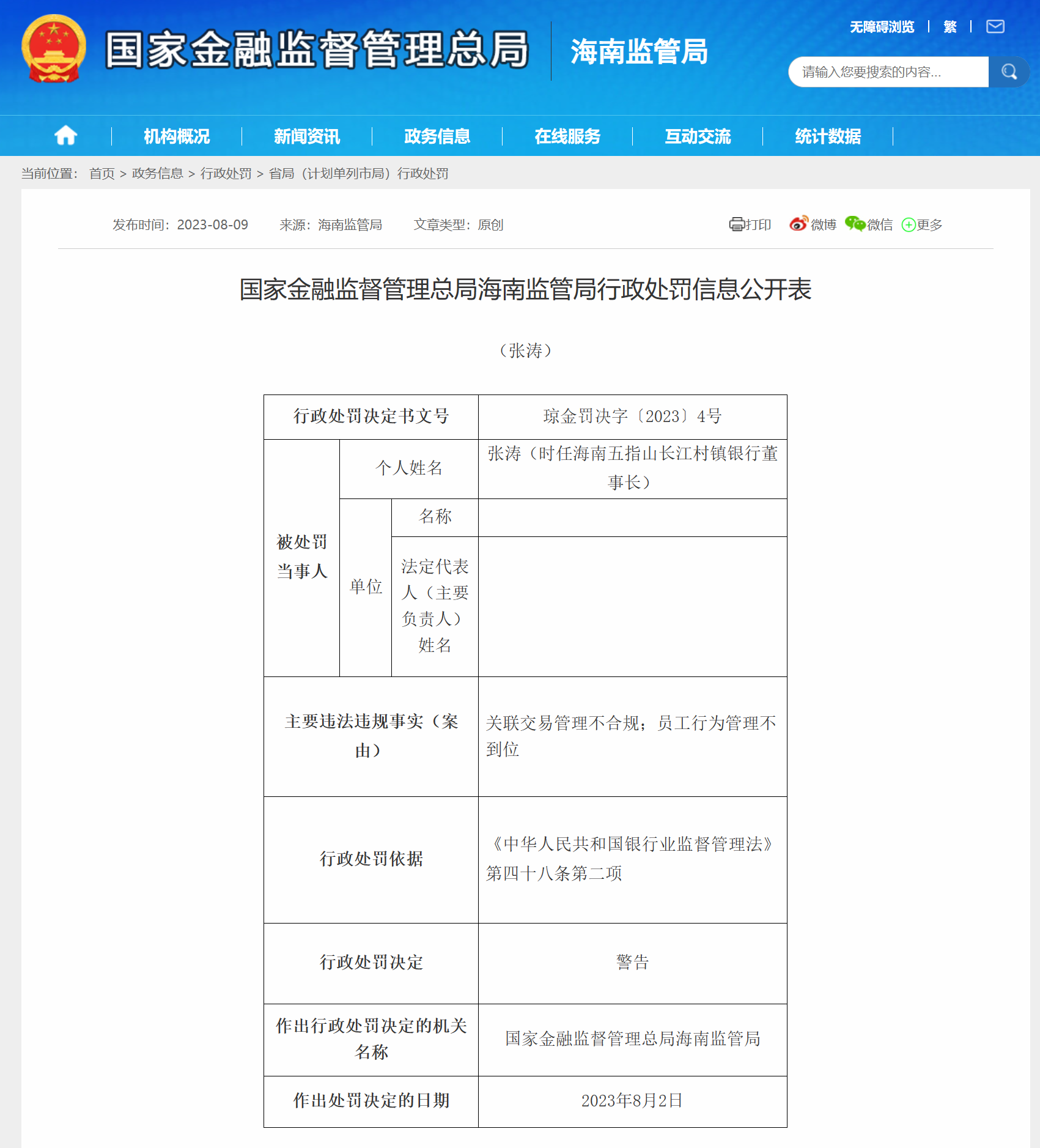 海南多家金融机构及有关负责人被罚 - 第6张