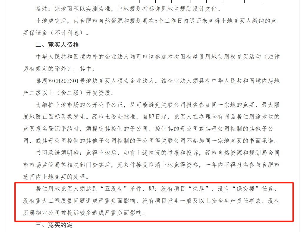 合肥巢湖1宗宅地对参拍房企新增标准要求“五没有”