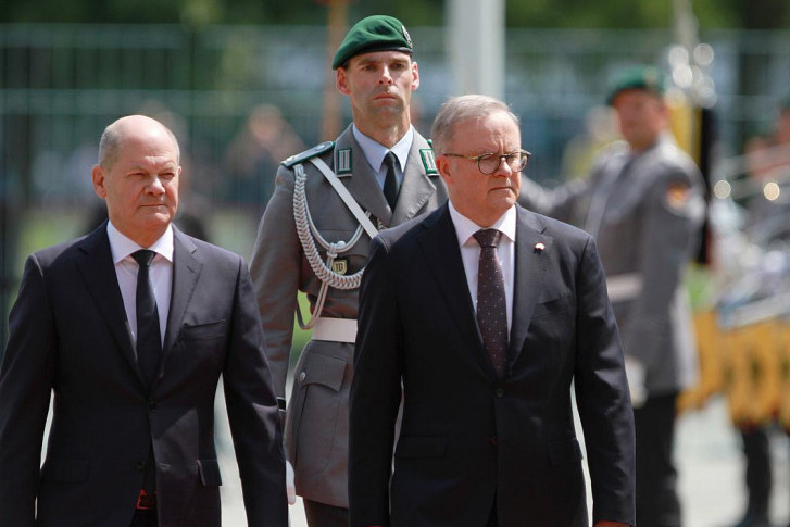 当地时间10日,德国总理朔尔茨在柏林会见到访的澳大利亚总理阿尔巴